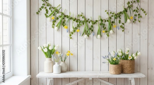 Beautiful Scandinavian spring flower decor on a white wooden wall
