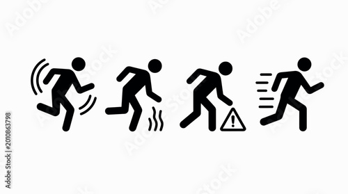 Foto slip and fall vector icon set with accident hazard warning symbols, clean outline style illustration isolated on white background representing wet floor risk safety caution and injury prevention