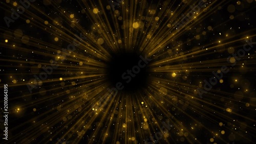 Golden radial light burst dark center, warm rays, floating bokeh, glitter particles, cinematic glow. for luxury intros, award reveals, festive videos, dramatic transitions, and celebration overlays.