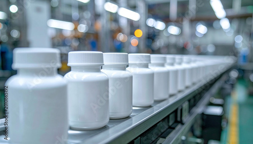 Rows of white plastic pill bottles move along an industrial conveyor belt.