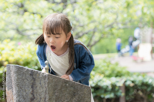 Bilde på lerret 公園の水飲み場で水分補給する女の子のポートレート新緑と遊ぶ、暑い日のイメージ