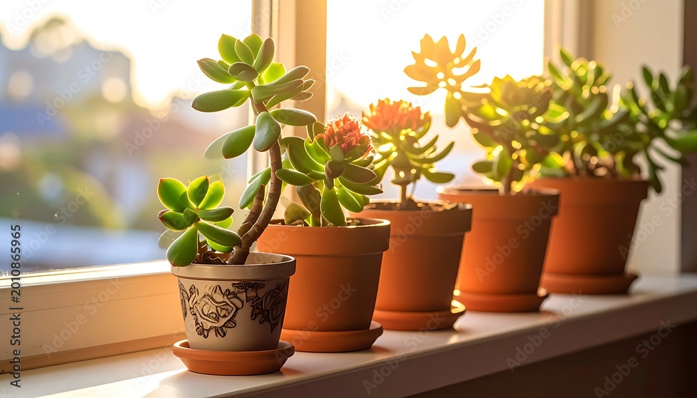 Fototapeta premium Potted Succulents on Window Sill Indoor.