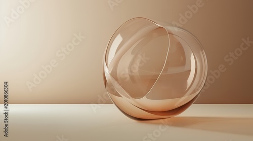 Minimalist amber glass abstract sculpture with elegant curves and reflections on a neutral background