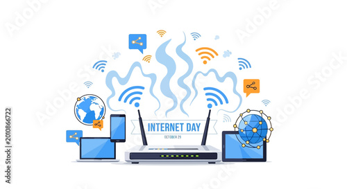 Foto Internet Day Concept with Wi-Fi Router, Global Network, and Connected Devices