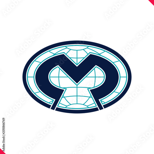 Professional oval shape initial logo concept letter M with blue globe grid line background. idea and inspiration for branding, company and corporation name initial. personal and commercial purpose.