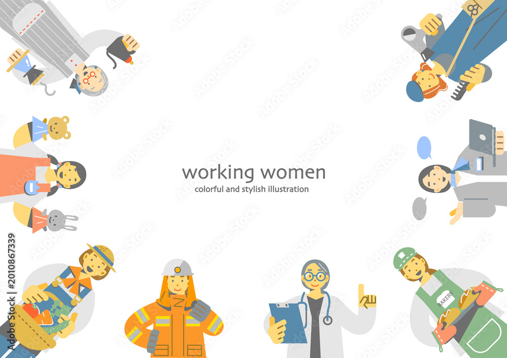 Fototapeta premium Frame-style illustrations of vibrant working women
