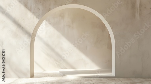 Minimalist arched niche with sunlit textured wall and geometric shadows. Aesthetic architectural background for product display