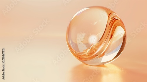 Abstract transparent sphere with golden liquid swirl on warm gradient background, elegant 3D render.