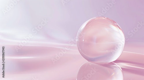 Transparent crystal sphere reflecting soft pink and lavender light on a wavy, elegant surface. Minimalist glass orb.