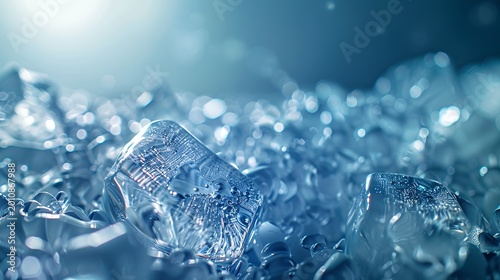 Close-up of glistening ice cubes and crushed ice with cool blue light and bokeh effect, for drinks and freshness