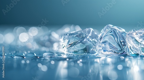 Crystal clear ice cubes and water drops on a reflective blue surface, cool refreshing background bokeh