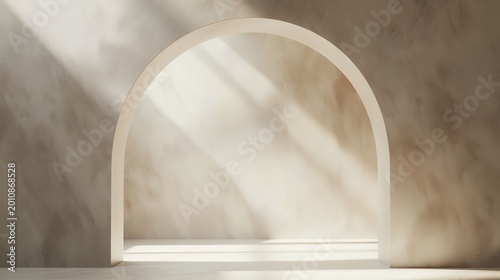 Serene Minimalist Archway with Sunlight and Shadows on Textured Wall