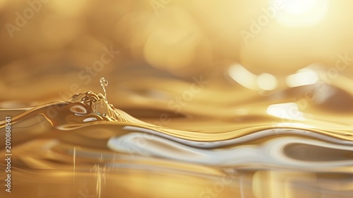 Golden liquid surface with a dynamic splash and ripples. Abstract warm light reflections create an elegant fluid motion background.