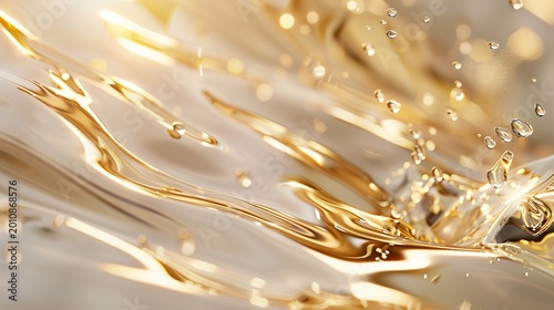 Abstract golden liquid waves with splashes and shimmering drops, luxury fluid motion background