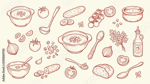Canvas Print A charming hand-drawn illustration featuring a variety of ingredients and dishes related to soup preparation and serving