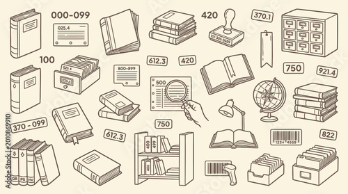 Foto A collection of hand-drawn illustrations depicting various library and archival items, including books, card catalogs, and cataloging tools