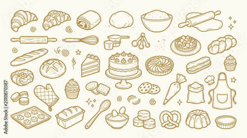 Konstfotografi A charming collection of hand-drawn baking and pastry illustrations, featuring a variety of breads, cakes, cookies, and baking tools, presented in a warm, golden outline style on a cream background