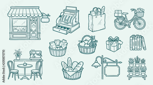 Obraz na płótnie A charming collection of hand-drawn illustrations depicting a quaint bakery shop, its products, and related items, rendered in a delightful teal outline style