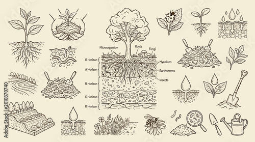 Fényképezés A detailed illustration showcasing the intricate layers of soil, plant roots, and various elements of a healthy ecosystem, including composting, watering, and beneficial insects