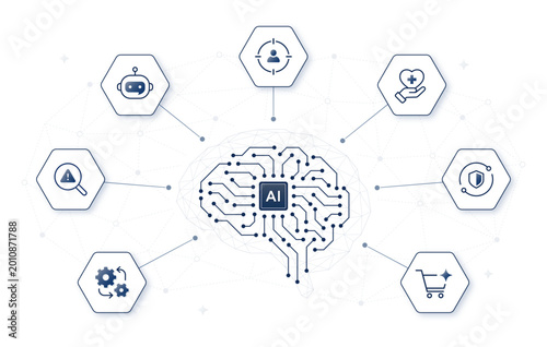 AI use cases vector illustration. Digital AI semiconductor brain with editable stroke usecase icons on neural network background.