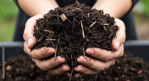 A person holds a handful of rich soil with visible mulch and organic matter in their dirty hands.