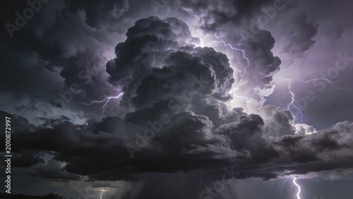 Dramatic storm clouds with intense lightning bolts illuminating a moody twilight sky filled with deep purple dark gray and electric blue hues for powerful atmospheric photography