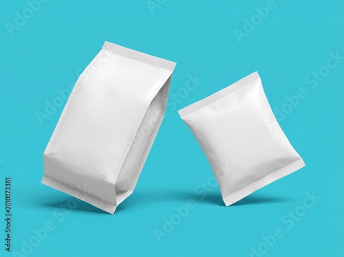 Blank white flexible packaging mockup two pouches on teal background