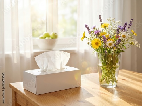Tissue box and wildflowers on wooden table by window
