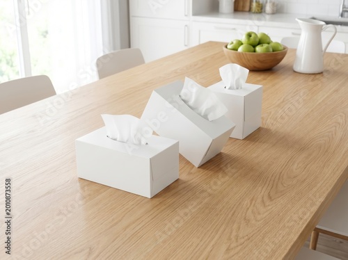 Tissue boxes on wooden table in bright modern kitchen setting