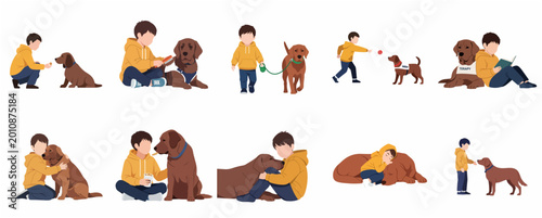 Bild auf Leinwand Set of Illustrations Showing a Boy Interacting with His Dog in Various Daily Act