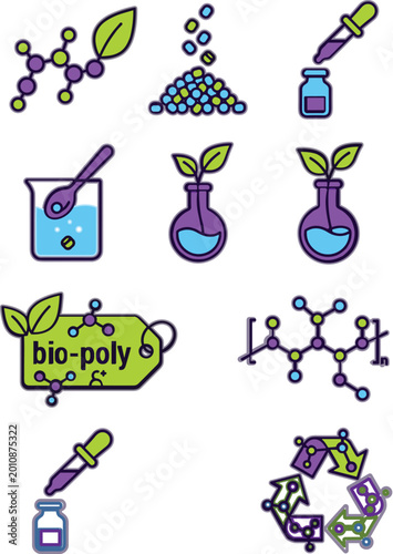 Obraz na plátně Biopolymer Chemistry Icon Set with Molecular Structures Laboratory Equipment Org
