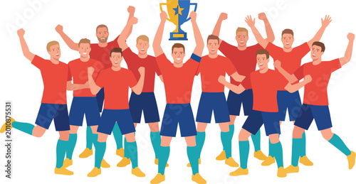 Принти на полотні Group of soccer players celebrating with trophy and arms raised in victory