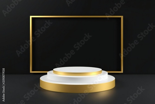 Luxury gold and white podium with golden frame on black background