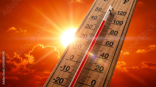 Heat wave summer thermometer temperature sunlight sky cloud climate change, mercury thermometer. Heat wave extreme summer, sun high temperature hot weather, global warming, heat stroke