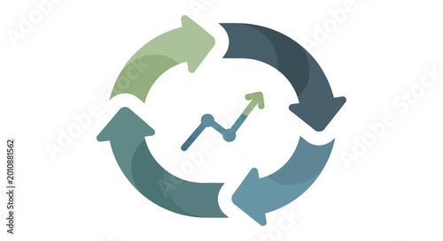 Circular arrows graphic with upward trending line chart inside.