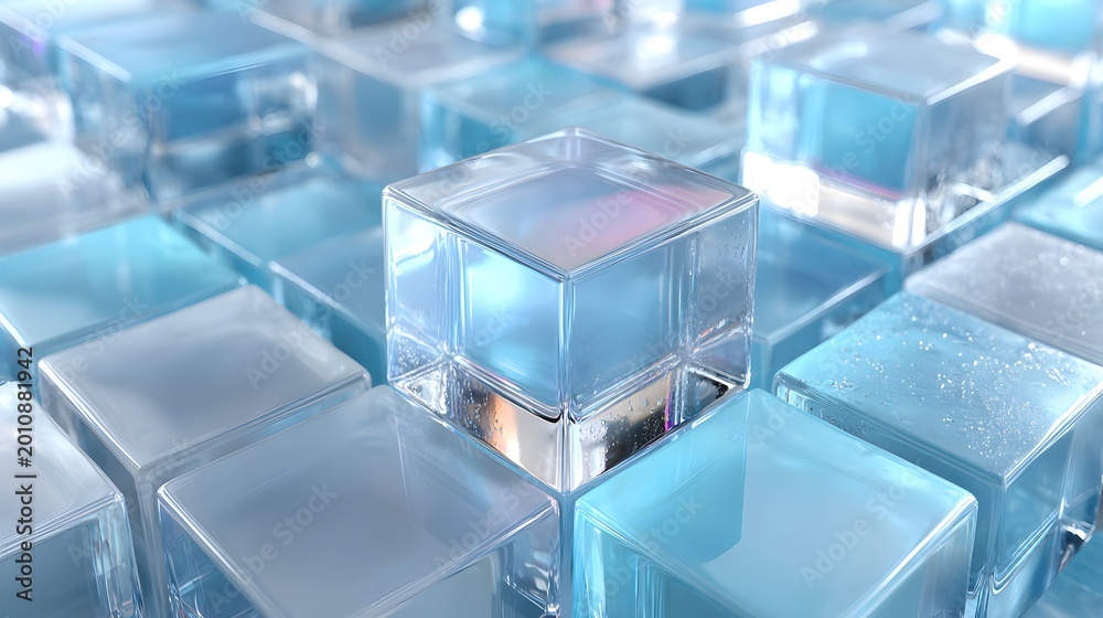 Obraz premium Abstract background of translucent 3D blue glass cubes with soft reflections. Modern geometric block structure with depth.