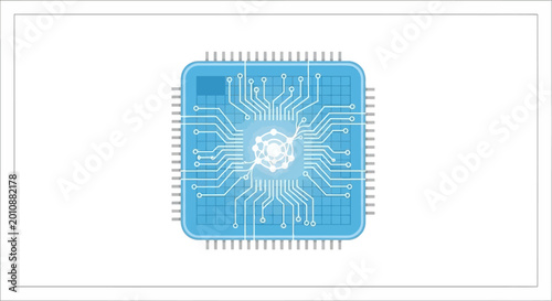 Close up of a blue microchip with glowing center and many pins.