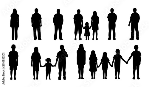 Rear view people silhouettes set male female and kids simple black vector icons