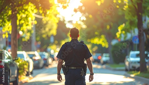 Police officer walking down residential street.
