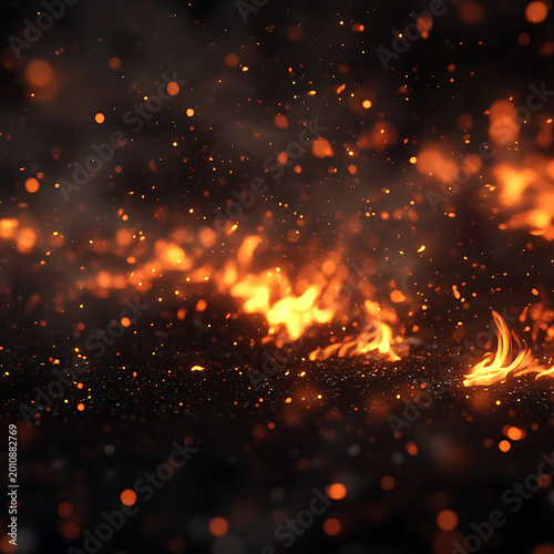 Flying sparks, glowing embers, fire particles