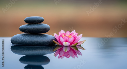 Zen stones stacked in perfect balance next to a vibrant pink lotus flower floating on calm water