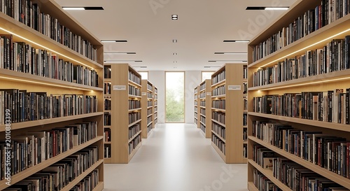 Large wooden bookshelves filled with various books are organized in neat rows creating a quiet atmosphere for studying inside