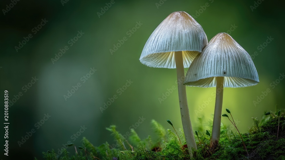 Fototapeta premium Two Delicate Mushrooms on a Mossy Forest Floor with Soft Green Background Offering a Tranquil Nature Scene and Focusing on Fungi and Natural Beauty