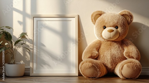 a mockup of a giant adorable teddy bear holding a white frame. lots of light, realistic photo