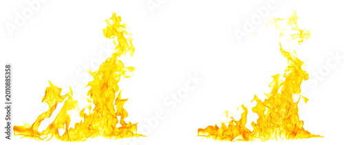 Obraz na plátně Realistic yellow fire flames isolated on white background with blazing heat and dynamic burning effect