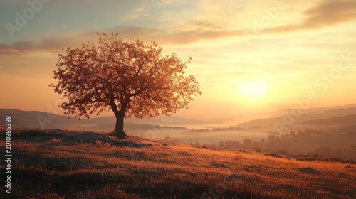 Sunrise over a hilltop meadow with a solitary tree.  Golden light bathes the landscape