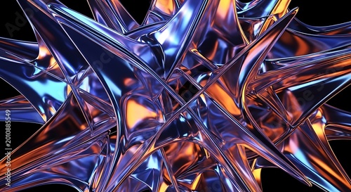 Abstract geometric sculpture featuring complex metallic surfaces with vibrant blue and warm orange light reflections in a sharp spiked formation.