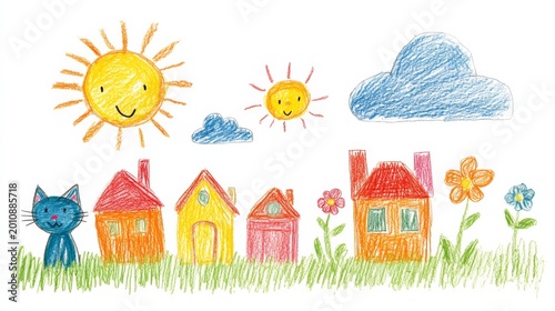 Cute and funny doodle style simple lines children draw of sun cloud house flower create happy spring time mood