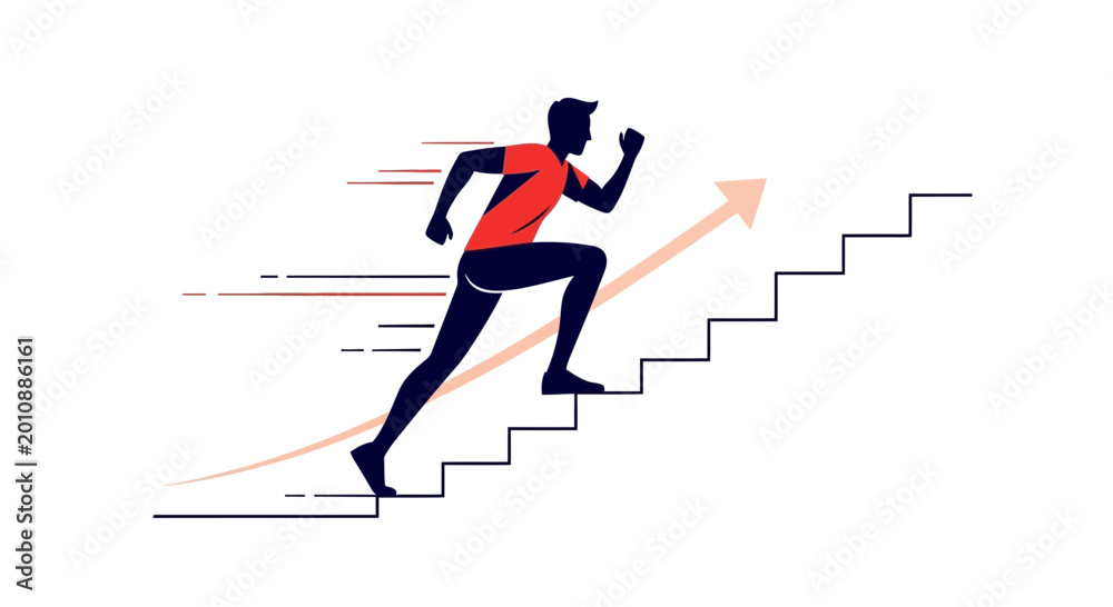 Fototapeta premium Runner Ascending Stairs with Growth Arrow, Concept of Success and Fitness