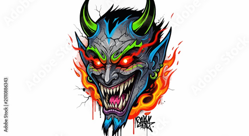 Tableau sur toile Scary Evil Demon Face Illustration with Fiery Eyes and Horns